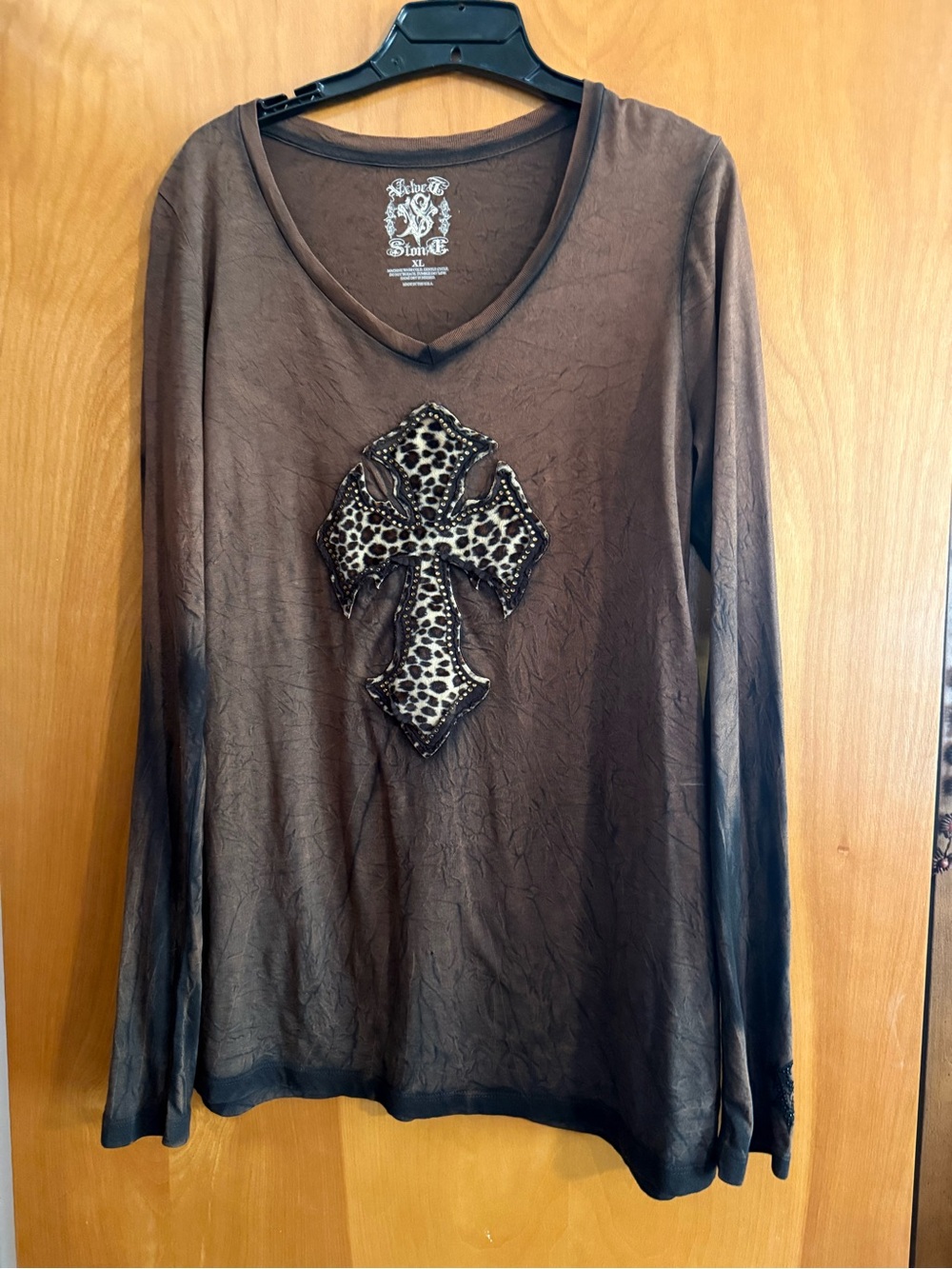 New Stone Cold Fox Brown Long Sleeve V-Neck Top with Leopard Cross Applique
